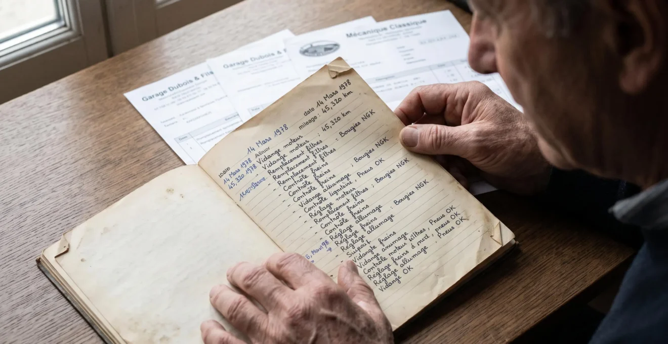 Mains de collectionneur consultant carnet entretien manuscrit véhicule ancien avec annotations dates et opérations en français, factures garage spécialisé partiellement visibles en arrière-plan