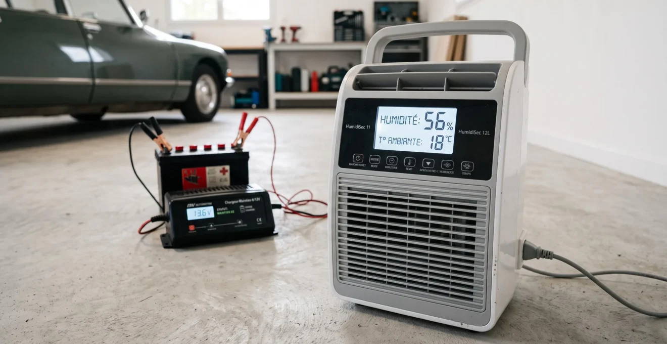 Déshumidificateur électrique en fonctionnement affichant taux humidité 55% posé dans garage collection, maintien batterie connecté visible en arrière-plan
