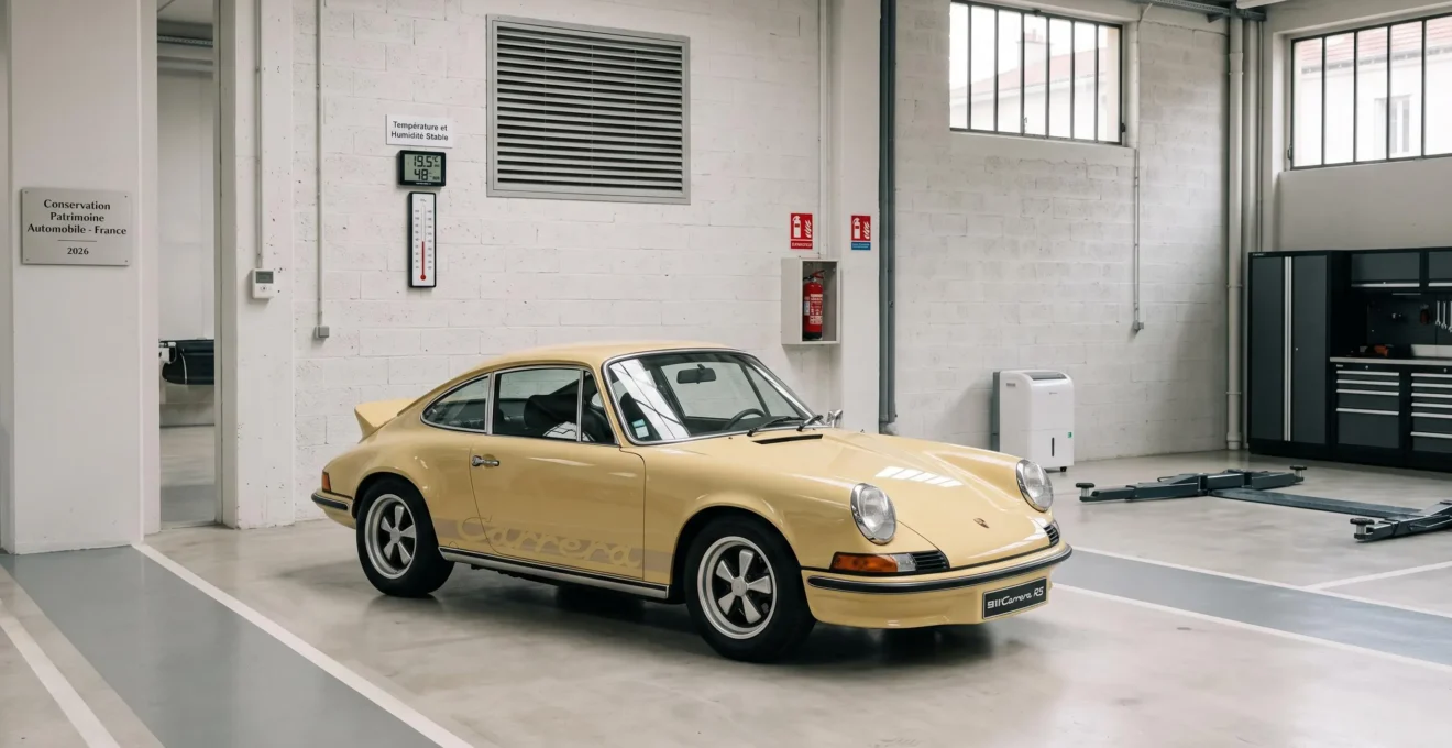 Voiture de collection française des années 70 garée dans un garage propre et sec avec ventilation murale, thermomètre et déshumidificateur, sol béton impeccable, lumière naturelle indirecte