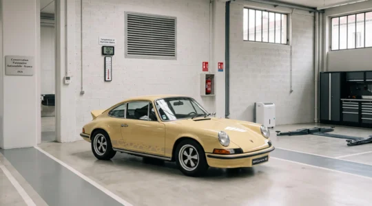 Voiture de collection française des années 70 garée dans un garage propre et sec avec ventilation murale, thermomètre et déshumidificateur, sol béton impeccable, lumière naturelle indirecte